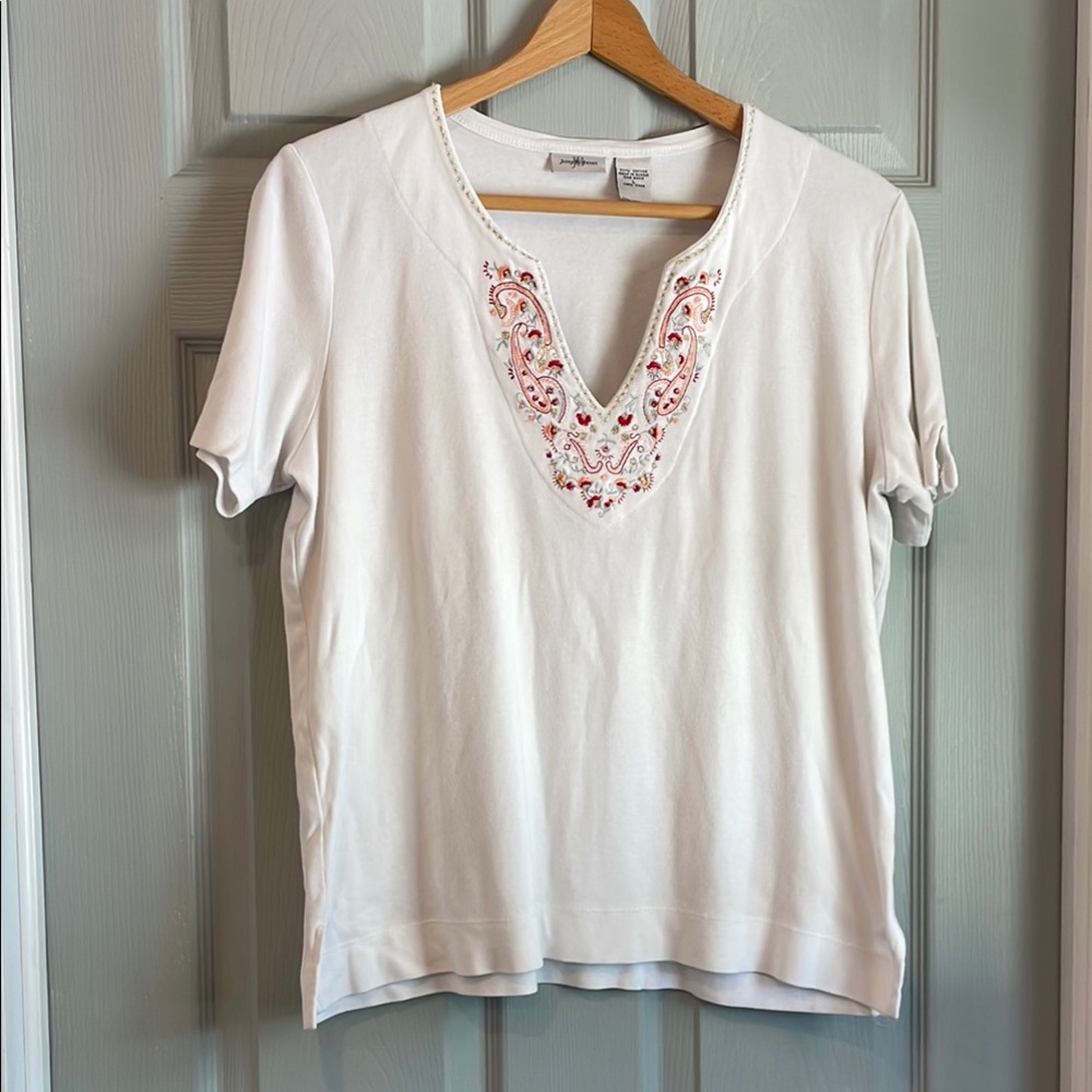 Jenny Buchanan Women's L White Embellished Embroidered Plunging Neckline Top